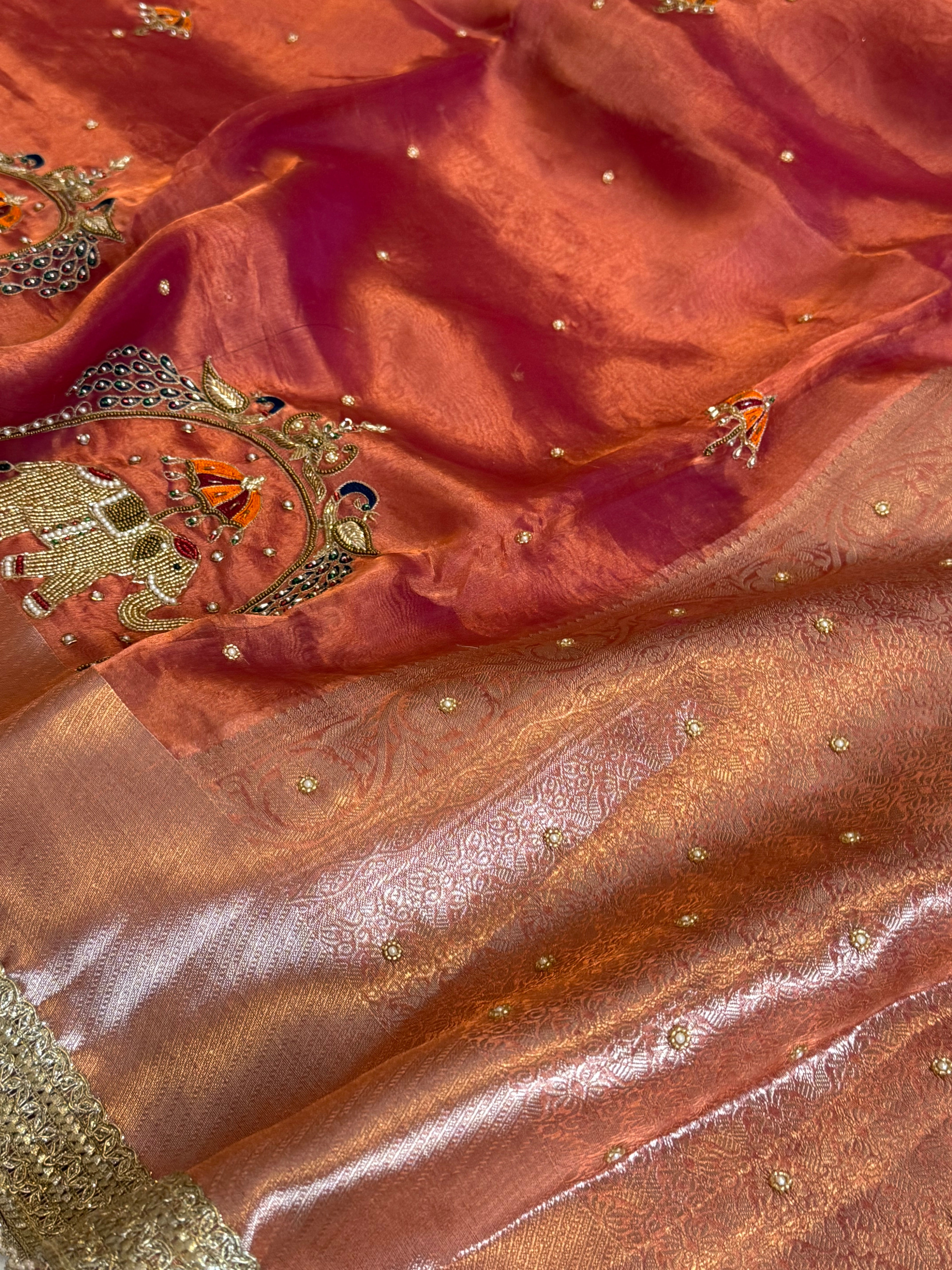 Hathi , ghoda aur palki wali saree - Husn tissue silk hand embroidered saree